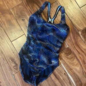 Speedo Racerback Swimsuit Black Dots Swim Sport Padded One Piece, Sz 8, EUC